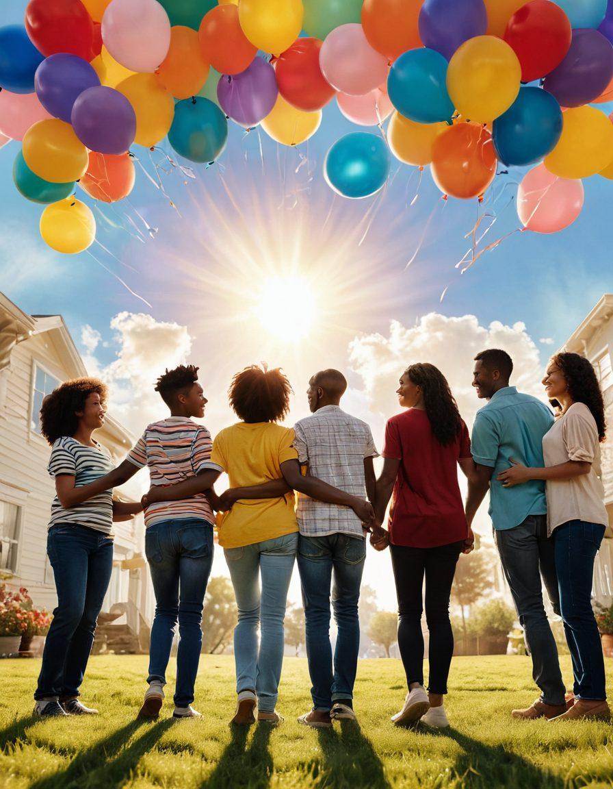 A heartwarming scene depicting a diverse group of parents united in a circle, holding hands and sharing stories, surrounded by colorful balloons and childhood drawings that symbolize hope. In the background, a bright sun peeks through fluffy clouds, representing optimism for the future. Warm colors and soft lighting create an inviting atmosphere of support and empowerment. super-realistic. vibrant colors. soft focus.