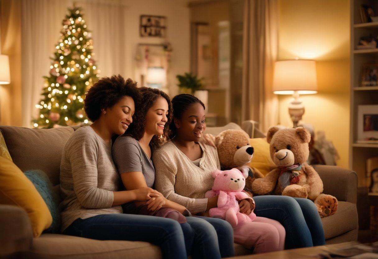 A warm, inviting scene of a diverse family in a cozy living room, engaging in supportive activities like artwork and group hugs, surrounded by cheerful decorations symbolizing hope and resilience. Include elements like a soft, glowing light and pediatric cancer care symbols, such as a teddy bear or ribbons. Infuse the atmosphere with feelings of advocacy and wellness. super-realistic. vibrant colors. soft focus.