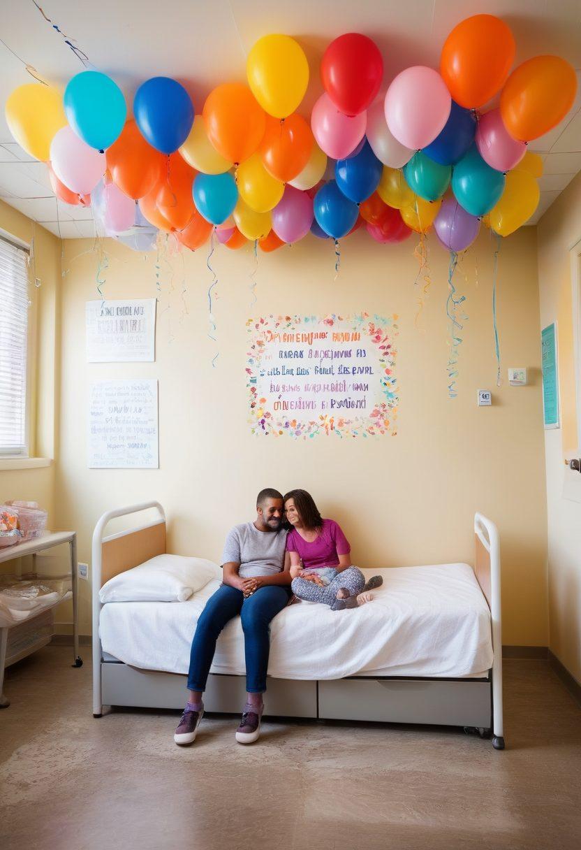 A warm, inviting scene of a supportive family in a hospital setting, surrounded by colorful balloons and positive messages. The family, consisting of a diverse group of members, displays expressions of hope and strength while interacting with a cheerful pediatric oncologist. Bright, comforting lights illuminate the room, symbolizing hope and resilience in their journey. The background features wall art with encouraging quotes and imagery related to pediatric care. super-realistic. vibrant colors. soft focus.